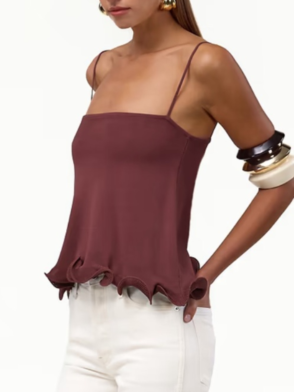 NWT SAME Ruffle Hem Tank Top in Chocolate Brown Sz L Current Style